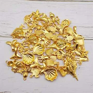 Julie Wang 100grams Gold Sea Ocean Beach Charms Pendants for Summer Jewelry Necklace Earrings Bracelet Making Craft Starfish Shells Mermaid Tail Fish 80-100pcs