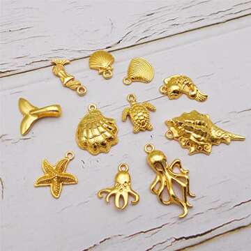 Julie Wang 100grams Gold Sea Ocean Beach Charms Pendants for Summer Jewelry Necklace Earrings Bracelet Making Craft Starfish Shells Mermaid Tail Fish 80-100pcs