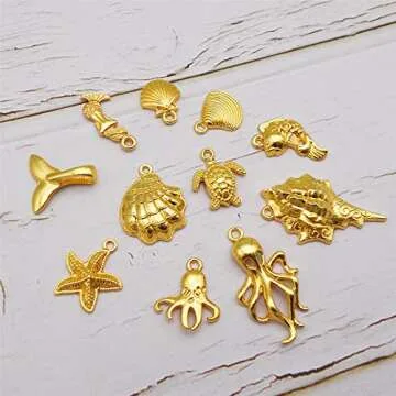 Julie Wang 100grams Gold Sea Ocean Beach Charms Pendants for Summer Jewelry Necklace Earrings Bracelet Making Craft Starfish Shells Mermaid Tail Fish 80-100pcs