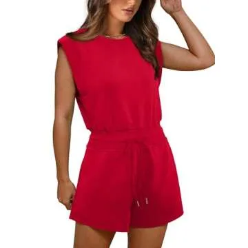 OFEEFAN Womens Rompers 2025 Fashion Valentine Trendy Cap Sleeve Summer Outfits Date Night Adjustable Waist Short Going Out Rompers Red 2XL