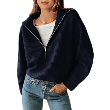 BTFBM Women’s Casual Long Sleeve Half Zip Pullover Sweaters Solid V Neck Collar Ribbed Knitted Loo...
