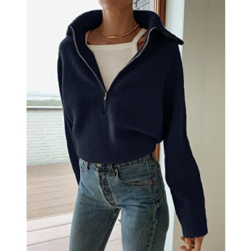 BTFBM Women’s Casual Long Sleeve Half Zip Pullover Sweaters Solid V Neck Collar Ribbed Knitted Loose Slouchy Jumper Tops(Solid Navy, Large)