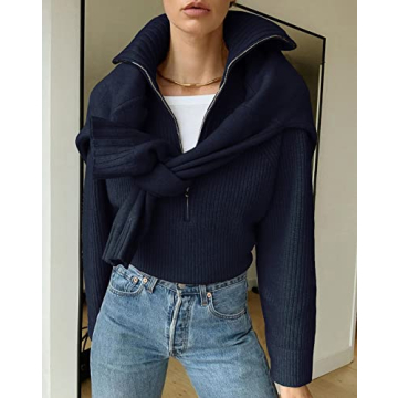 BTFBM Women’s Casual Long Sleeve Half Zip Pullover Sweaters Solid V Neck Collar Ribbed Knitted Loose Slouchy Jumper Tops(Solid Navy, Large)