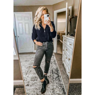 BTFBM Women’s Casual Long Sleeve Half Zip Pullover Sweaters Solid V Neck Collar Ribbed Knitted Loose Slouchy Jumper Tops(Solid Navy, Large)