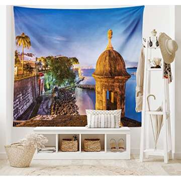 Lunarable Puerto Rico Tapestry King Size, Coast at Paseo de la Princesa Retro Style Architectural El...