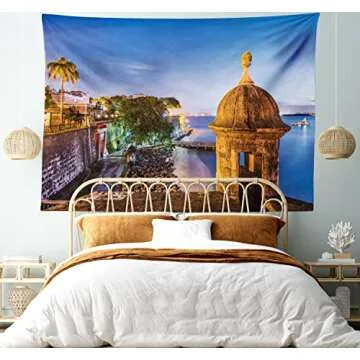 Lunarable Puerto Rico Tapestry King Size, Coast at Paseo de la Princesa Retro Style Architectural Elements Photography, Wall Hanging Bedspread Bed Cover Wall Decor, King Size, Turquoise Marigold