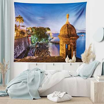 Lunarable Puerto Rico Tapestry King Size, Coast at Paseo de la Princesa Retro Style Architectural Elements Photography, Wall Hanging Bedspread Bed Cover Wall Decor, King Size, Turquoise Marigold