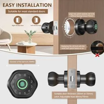 Fingerprint Door Lock- Smart Door knob,biometric Door Lock，with passcode keypad keyless Entry Door Handle，for Bedroom Home Hotel Office Apartment Smart Door Lock