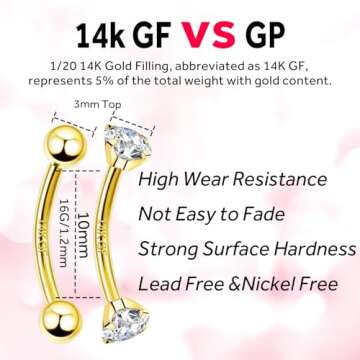 ALACLO 2 Pcs 14k Gold Filled Eyebrow Rings, 16G Threaded Rook Piercing Jewelry, Surgical Steel Vertical Lip Labret Belly Tongue Ring Daith Earring Curved Barbells 10mm