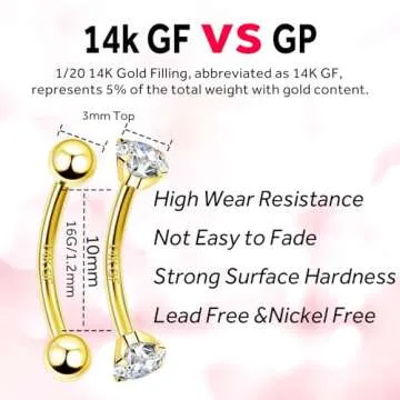 ALACLO 2 Pcs 14k Gold Filled Eyebrow Rings, 16G Threaded Rook Piercing Jewelry, Surgical Steel Vertical Lip Labret Belly Tongue Ring Daith Earring Curved Barbells 10mm