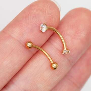 ALACLO 2 Pcs 14k Gold Filled Eyebrow Rings, 16G Threaded Rook Piercing Jewelry, Surgical Steel Vertical Lip Labret Belly Tongue Ring Daith Earring Curved Barbells 10mm