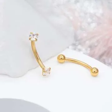 ALACLO 2 Pcs 14k Gold Filled Eyebrow Rings, 16G Threaded Rook Piercing Jewelry, Surgical Steel Vertical Lip Labret Belly Tongue Ring Daith Earring Curved Barbells 10mm