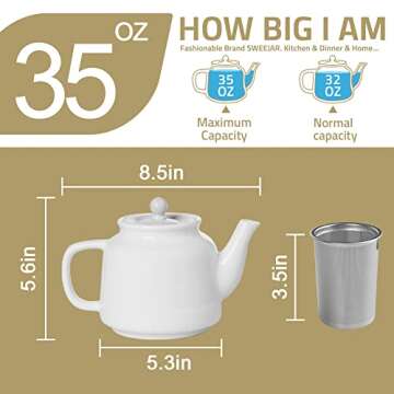 Sweejar 35 oz Porcelain Tea Pot - Stylish & Durable Infuser
