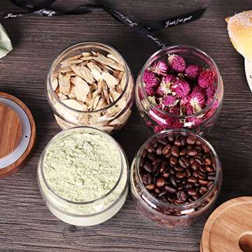 Tzerotone 8 Pcs Spice Containers - 8.5oz Glass Spice Jars With Acacia Airtight Lid and Labels - Stackable Empty Round Spice Bottles for kitchen Seasoning, coffee bean, tea, suger, herbs