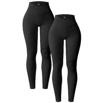 OQQ Women's 2 Piece Yoga Leggings - Ribbed Seamless High Waist Set in Black