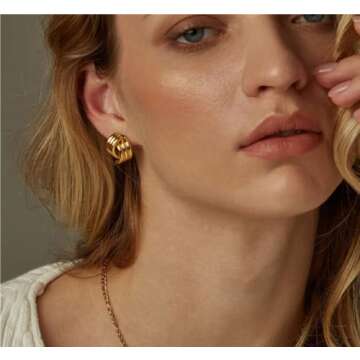 Gold Statement Geometric Dangle Drop Earrings for Women Chunky Trendy Knot Stud (Gold)