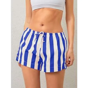 JEIBKOUY Women Striped Boxer Shorts Casual Wide Leg Drawstring Low Rise Elastic Waist Pajama Lounge Pj Sleepwear Blue