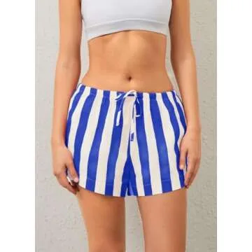 JEIBKOUY Women Striped Boxer Shorts Casual Wide Leg Drawstring Low Rise Elastic Waist Pajama Lounge Pj Sleepwear Blue