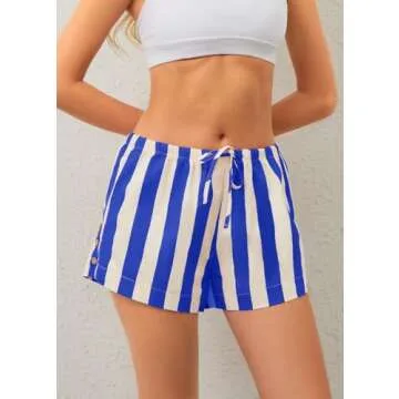 JEIBKOUY Women Striped Boxer Shorts Casual Wide Leg Drawstring Low Rise Elastic Waist Pajama Lounge Pj Sleepwear Blue