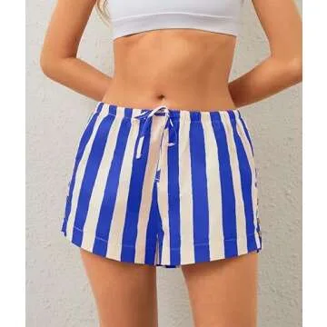 JEIBKOUY Women Striped Boxer Shorts Casual Wide Leg Drawstring Low Rise Elastic Waist Pajama Lounge Pj Sleepwear Blue