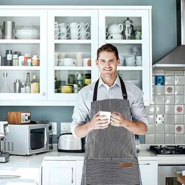 Serrenf 2 Pack Apron, Cooking Kitchen Aprons, Adjustable Bib Apron with 2 Pockets for Men Women Chef Apron (Black/Brown pinstripe)