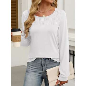 ANRABESS Women Shirts Long Sleeve Crewneck Smocked Tunic Tops with Leggings Dressy Casual T-Shirt Business Work Blouses White S