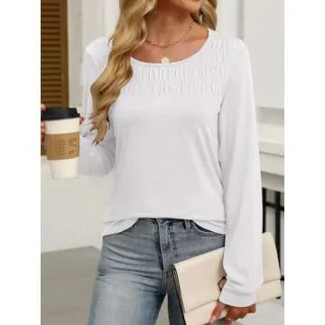 ANRABESS Women Shirts Long Sleeve Crewneck Smocked Tunic Tops with Leggings Dressy Casual T-Shirt Business Work Blouses White S