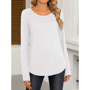 ANRABESS Women Shirts Long Sleeve Crewneck Smocked Tunic Tops with Leggings Dressy Casual T-Shirt Business Work Blouses White S