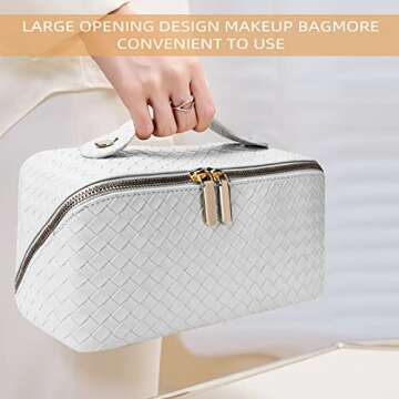 XASRVIR Makeup Bag, Travel Makeup Bag, Leather Waterproof Makeup Bag, Portable flat Large Opening Makeup Bag,Multifunctional Storage Travel Toiletry Bag Skincare Bag(Woven-White)