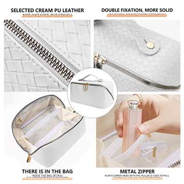 XASRVIR Makeup Bag, Travel Makeup Bag, Leather Waterproof Makeup Bag, Portable flat Large Opening Makeup Bag,Multifunctional Storage Travel Toiletry Bag Skincare Bag(Woven-White)