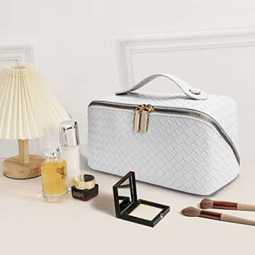 XASRVIR Makeup Bag, Travel Makeup Bag, Leather Waterproof Makeup Bag, Portable flat Large Opening Makeup Bag,Multifunctional Storage Travel Toiletry Bag Skincare Bag(Woven-White)