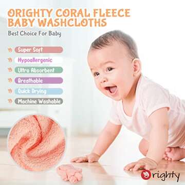 Orighty Baby Washcloths 50-Pack, Microfiber Coral Fleece Baby Face Towels, Soft and Absorbent Wash C...