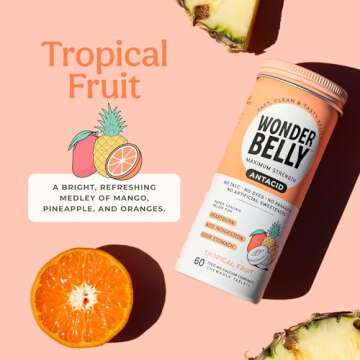 Wonderbelly Antacid, Effective Heartburn and Instant Acid Indigestion Relief, Extra Strength Chewable Tablets, 1000 mg Calcium Carbonate, No Talc or Dye, Tropical Fruit, 60 Count