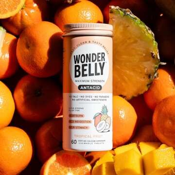 Wonderbelly Antacid, Effective Heartburn and Instant Acid Indigestion Relief, Extra Strength Chewable Tablets, 1000 mg Calcium Carbonate, No Talc or Dye, Tropical Fruit, 60 Count