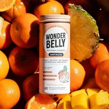 Wonderbelly Antacid, Effective Heartburn and Instant Acid Indigestion Relief, Extra Strength Chewable Tablets, 1000 mg Calcium Carbonate, No Talc or Dye, Tropical Fruit, 60 Count