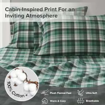 Woolrich Cotton Sheet Set Cottage Charms Print, 100% Cotton Flannel Sheets Warm & Fuzzy Bedding Set Queen Size Sheets, Fitted Pocket Fits Up to 14" Mattress, Queen Green Plaid, 4 Piece
