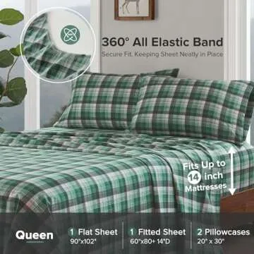 Woolrich Cotton Sheet Set Cottage Charms Print, 100% Cotton Flannel Sheets Warm & Fuzzy Bedding Set Queen Size Sheets, Fitted Pocket Fits Up to 14" Mattress, Queen Green Plaid, 4 Piece