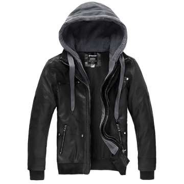 wantdo Men's Spring Motorcycle Leather Jacket with Hood Bombe Jacket Black Medium(Lightweight)