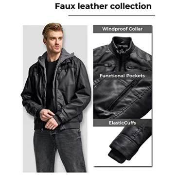 Wantdo Men's Spring Motorcycle Leather Jacket with Hood