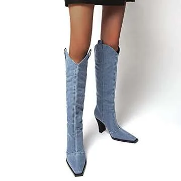 Chic Denim Blue Knee High Winter Boots for Women