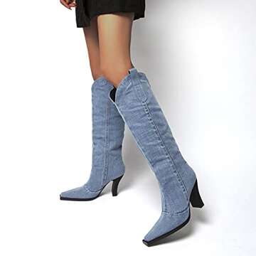Chic Denim Blue Knee High Winter Boots for Women