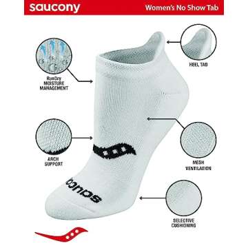 Saucony Women's RunDry Performance Heel Tab Athletic Socks, Available in S-L (8, 24, Basic White (16 Pairs), Medium