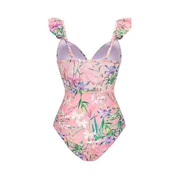 Women's One Piece Swimsuit with Cover up Beach Skirt Retro Floral Printed Swimsuit Bathing Suit Ruffle V-neck Monokini Swimwear Sarong Coverups Two Piece Bikini Set Beachwear Pink - Ruffle Shoulders L