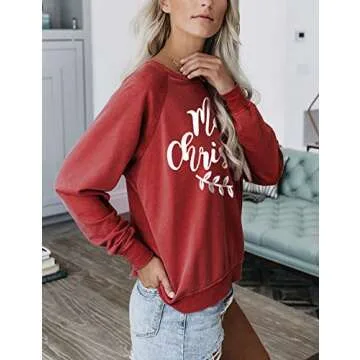 Blooming Jelly Womens Christmas Sweatshirts Crewneck Long Sleeve Tops Print Terry Casual Cute Pullover Outfit 2024(Large, Red)