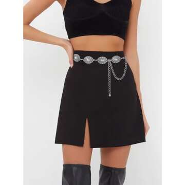 FIORETTO Metal Waist Chain Belts for Dress Western Boho Concho Chain Belt for Women Cowgirl Belts for Dress Jeans Country Concert Outfit Silver