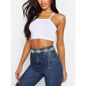 FIORETTO Metal Waist Chain Belts for Dress Western Boho Concho Chain Belt for Women Cowgirl Belts for Dress Jeans Country Concert Outfit Silver