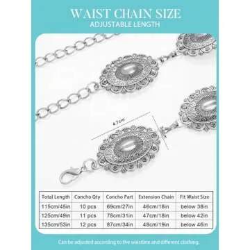 FIORETTO Metal Waist Chain Belts for Dress Western Boho Concho Chain Belt for Women Cowgirl Belts for Dress Jeans Country Concert Outfit Silver
