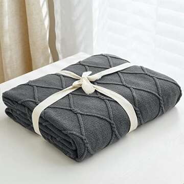 Longhui bedding 100% Cotton Dark Grey Lightweight Cable Knit Throw Blanket with Bonus Laundering Bag...