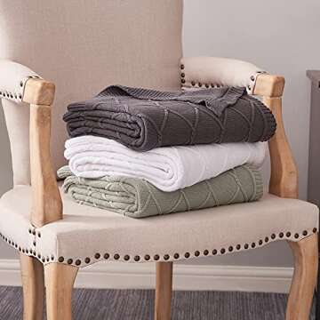 Longhui bedding 100% Cotton Dark Grey Lightweight Cable Knit Throw Blanket with Bonus Laundering Bag for Couch Sofa Bed – 50 x 63 Inch, Machine Washable, Home Décor