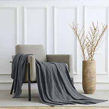 Longhui bedding 100% Cotton Dark Grey Lightweight Cable Knit Throw Blanket with Bonus Laundering Bag for Couch Sofa Bed – 50 x 63 Inch, Machine Washable, Home Décor